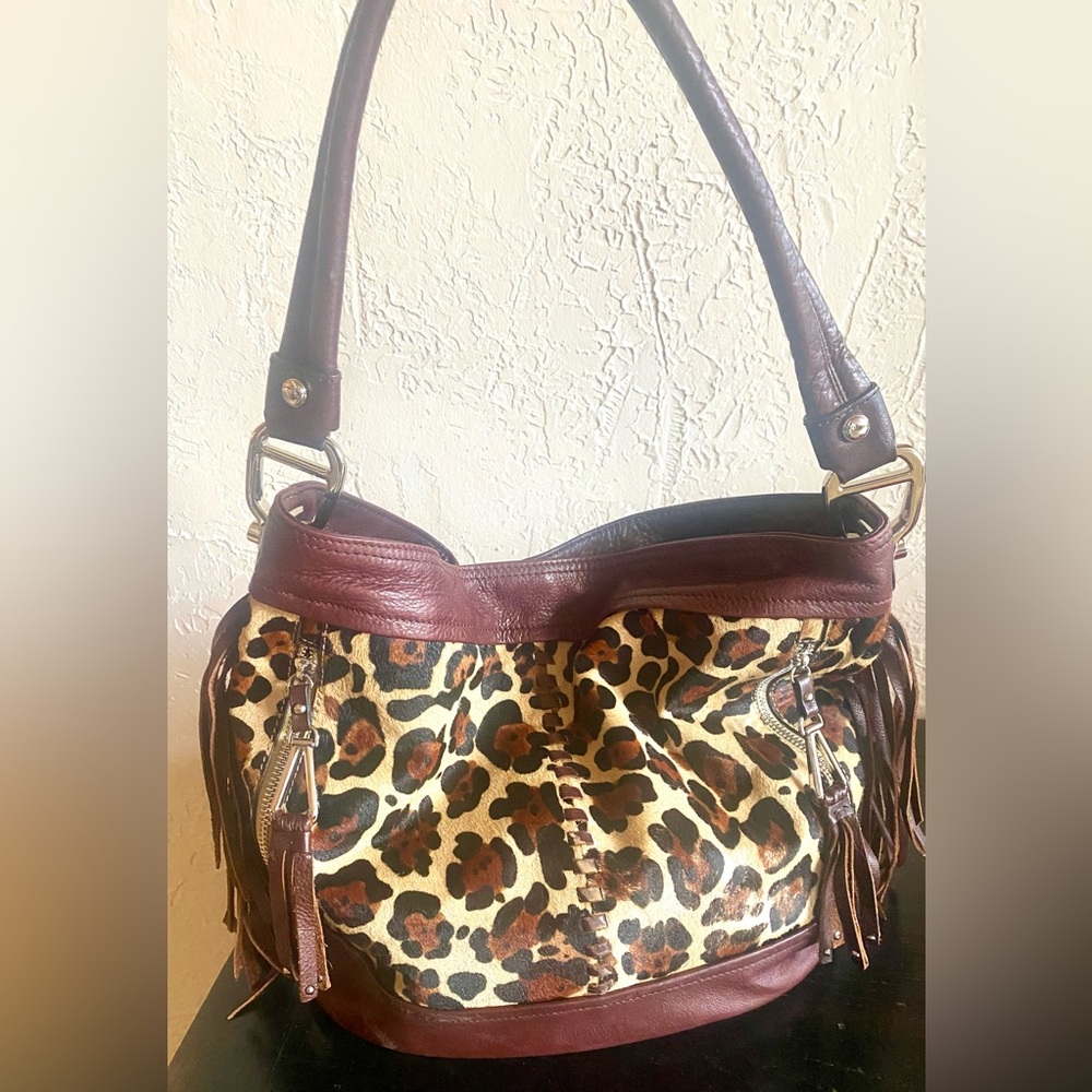 B Makowsky Leather Andrea Bucket Hobo Leopard Brandy Calf Hair Leather Fringe